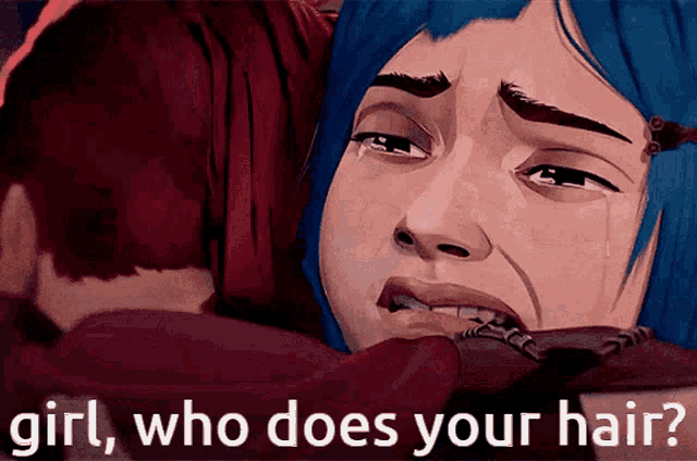 a cartoon of a woman crying with the words " girl who does your hair " below her