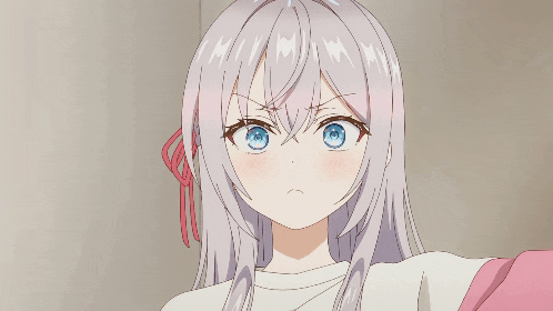 a girl with white hair and blue eyes making a funny face