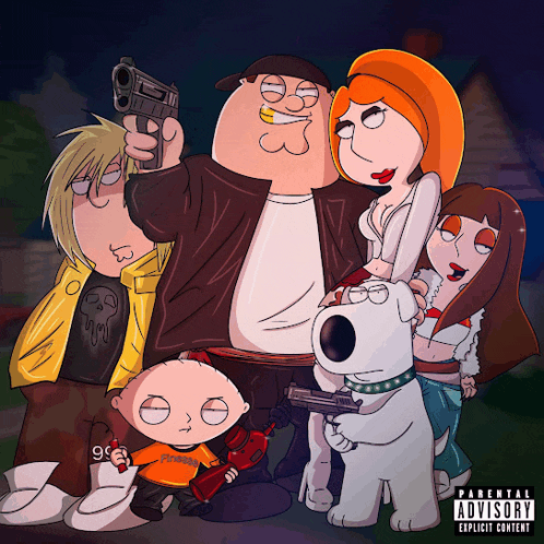 a family guy poster with a parental advisory sticker