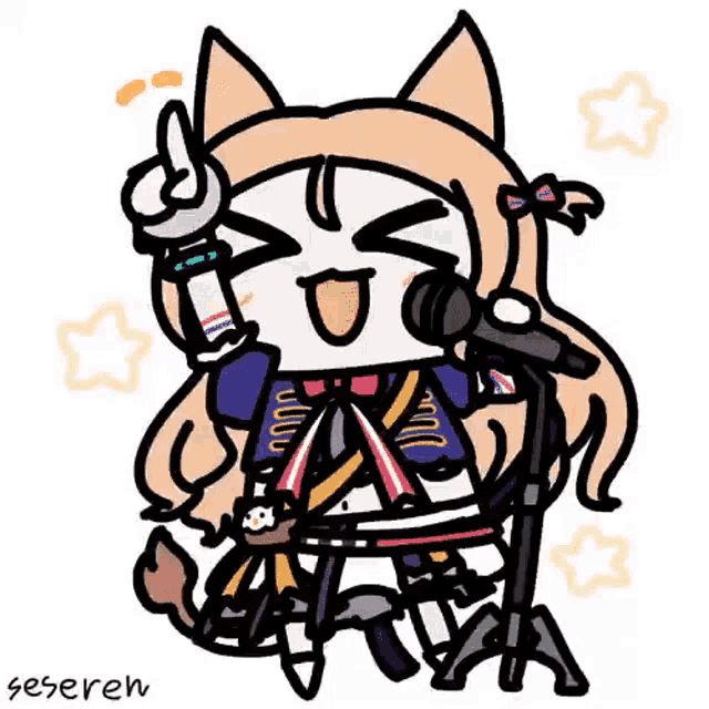 a drawing of a cat girl singing into a microphone .