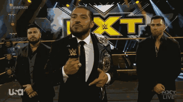 a man in a suit and tie stands in front of a wwe logo