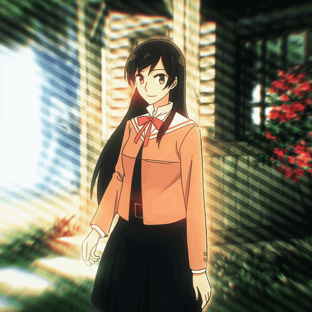 a girl in a school uniform is standing in front of a window