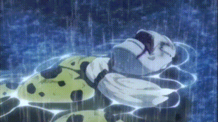 a cartoon character is laying in the water with a blue background