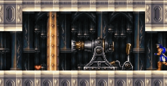 a video game scene with a cannon in the background