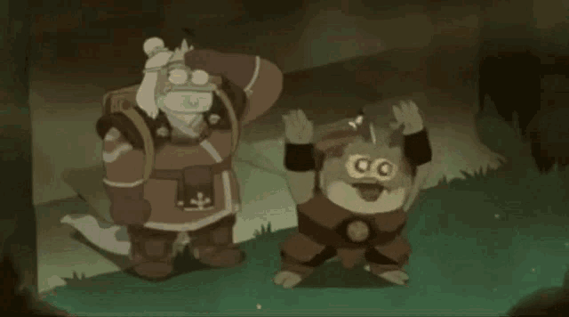 two cartoon characters are standing next to each other and one has a cross on his chest