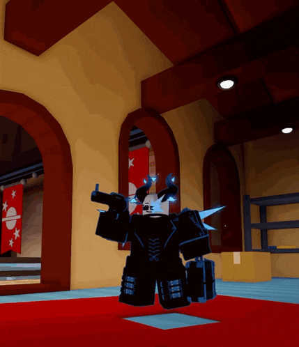 a cartoon character is standing in a room with arches and a red flag with stars on it