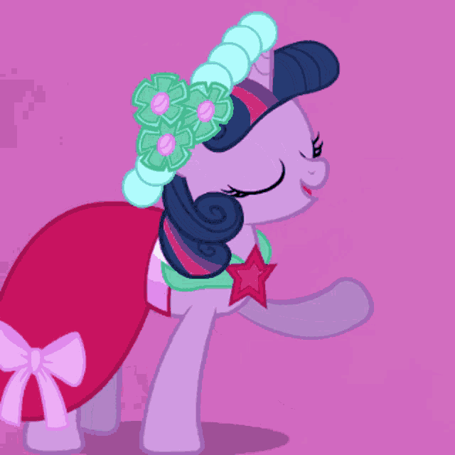 twilight sparkle from my little pony is wearing a dress and a hat