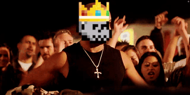 a pixelated image of a man with a cross necklace and a crown on his head