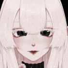 a close up of a anime girl with white hair and black eyes .