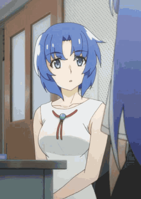 a girl with blue hair is wearing a white tank top with a red bow around her neck