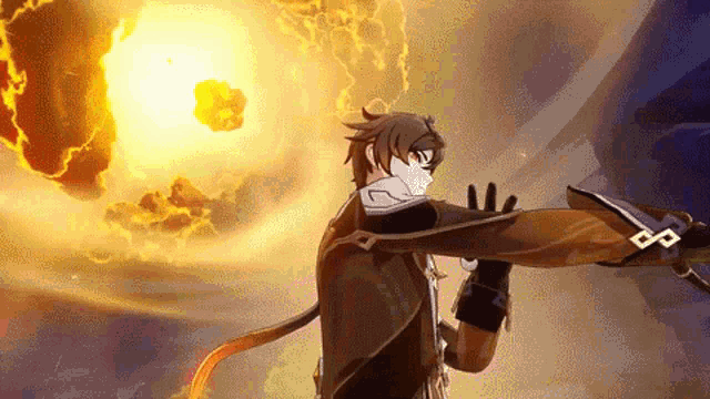 a video game character is holding a sword in front of a large explosion .