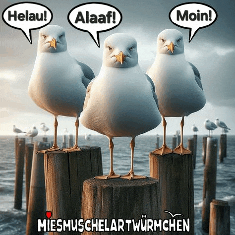 three seagulls standing on a wooden post with speech bubbles that say helau alaaf and moin