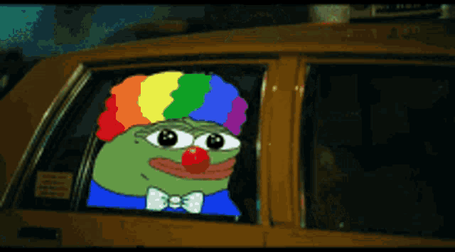 a cartoon of a green clown with a red nose and rainbow hair