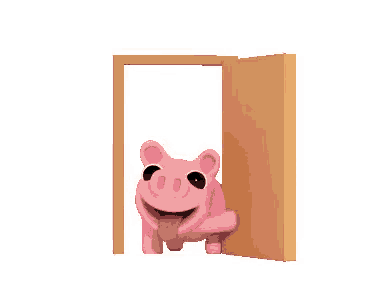 a pink pig is peeking out of a wooden door .