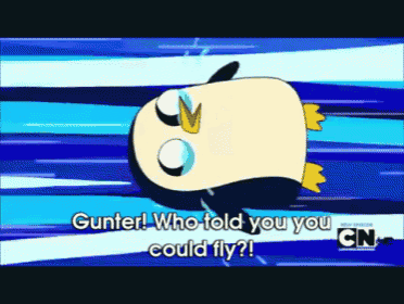 a cartoon of a penguin with the words gunter who told you you could fly below it