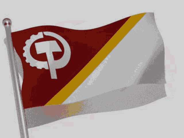 a red white and yellow flag with a hammer and sickle