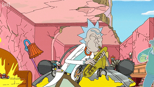 rick from rick and morty is playing a saxophone in a cartoon
