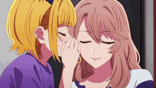 two anime girls are whispering into each other 's ear
