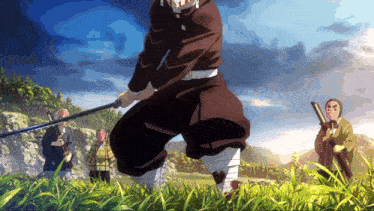 a man is holding a sword in a field with other people holding swords