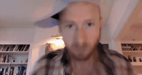 a man with a beard wearing a plaid shirt looks at the camera