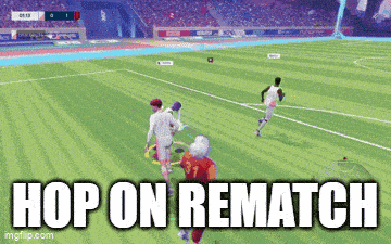 a screenshot of a soccer game with the words hop on rematch at the bottom