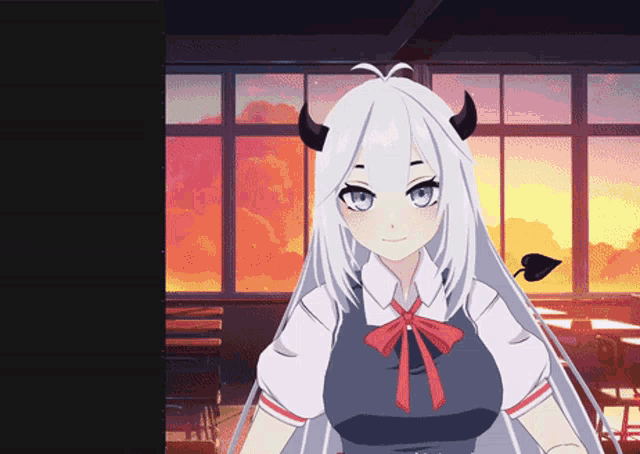a white haired anime girl with horns and a tail is standing in front of a window