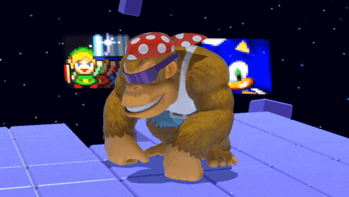 a gorilla wearing a bandana and goggles is standing on a purple tile floor