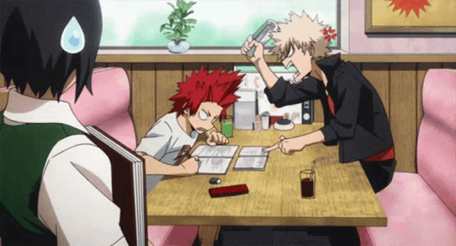 a group of anime characters are sitting at a table and one of them is holding a can of soda