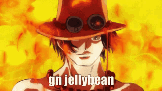 a cartoon character with a hat and goggles says gn jelly bean