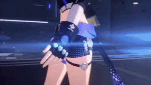 a cartoon girl is holding a sword in her hand in a dark room .