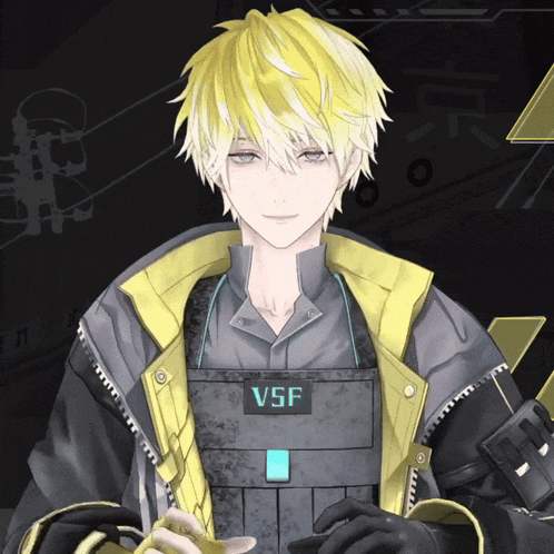a man with yellow hair is wearing a vest that says v5f