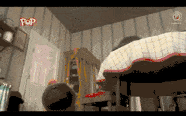 a pixelated image of a room with a pop logo