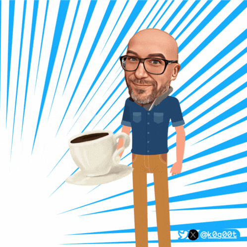a cartoon of a man holding a cup of coffee with a speech bubble that says buy coffee