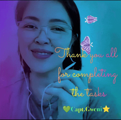 a woman wearing glasses and headphones is smiling with the words thank you all for completing the tasks