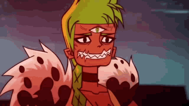 a cartoon character with a green hat and a third eye is smiling .