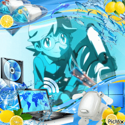 a picture of a boy with glasses is surrounded by lemons a laptop and a cd