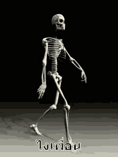 a skeleton is walking on a black background with a foreign language on it .