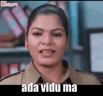 a woman in a police uniform is making a funny face and saying ada vidu ma .