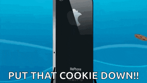 a cell phone with an angry face and the words `` put that cookie down '' written on it .
