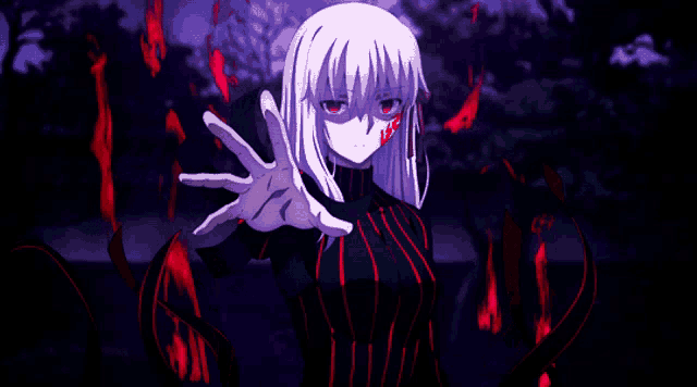 a girl with white hair and red eyes is surrounded by fire