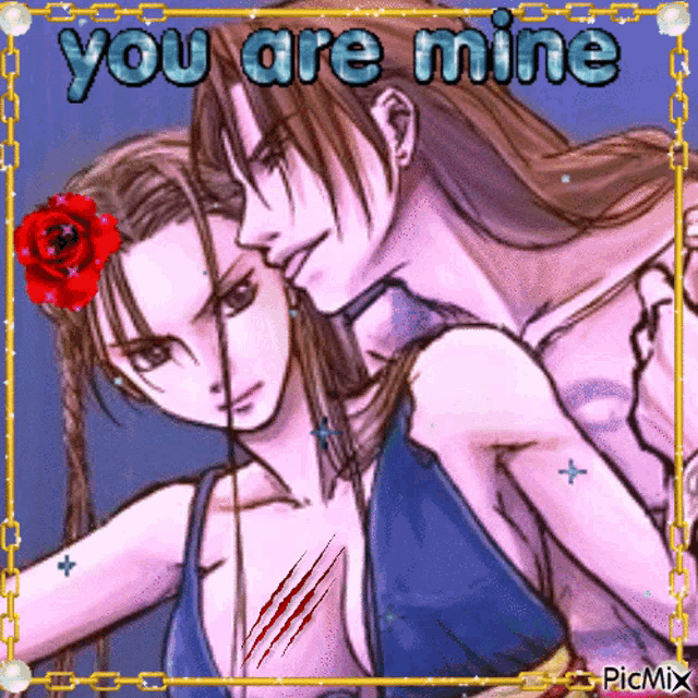 a picture of a man and a woman with the words " you are mine " above them