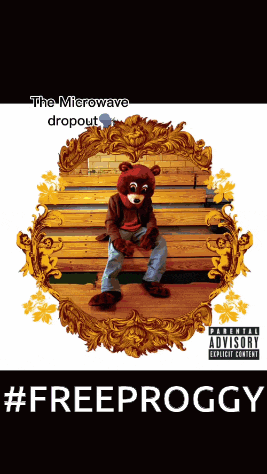 a poster with a teddy bear on it that says the microwave dropout #freeproggy