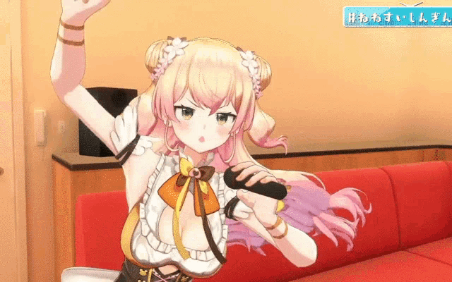 a girl is holding a microphone in front of a sign that says ' n ' on it