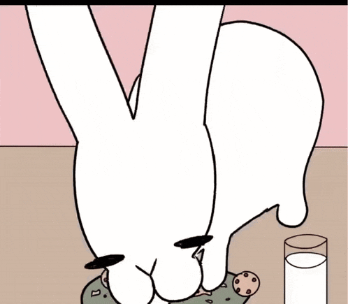 a cartoon rabbit is eating cookies and drinking milk from a glass .
