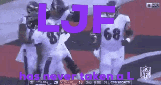 a group of football players standing on a field with the words ljf has never taken a l on the bottom