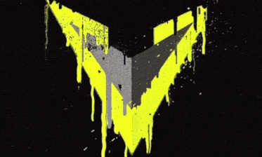 a yellow and gray triangle with yellow paint dripping on a black background