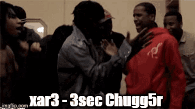 a group of men are having a fight and one of them is wearing a red shirt