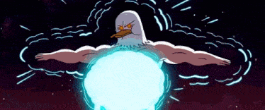 a bald eagle is flying through the air with a blue light coming out of its chest