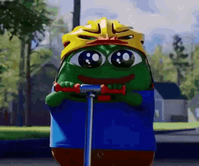 a cartoon frog is riding a scooter with a helmet on .