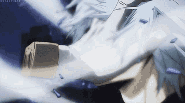 a close up of a person 's face in a cartoon with a sword in their hand .